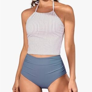 Eomenie two piece, bathing suit, top blue, striped solid bottoms very cute